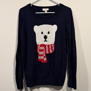 LOFT Dark Blue Sweater with Bear and Striped Scarf